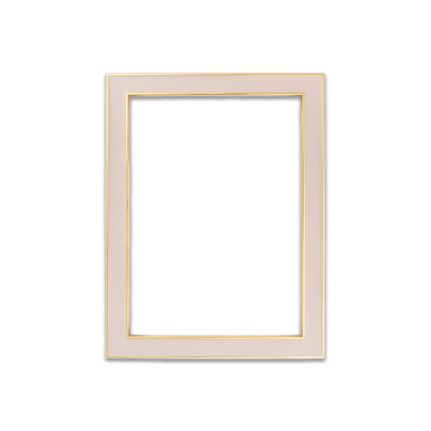 Pastel pink enamel 5x7" picture frame with gold trim.