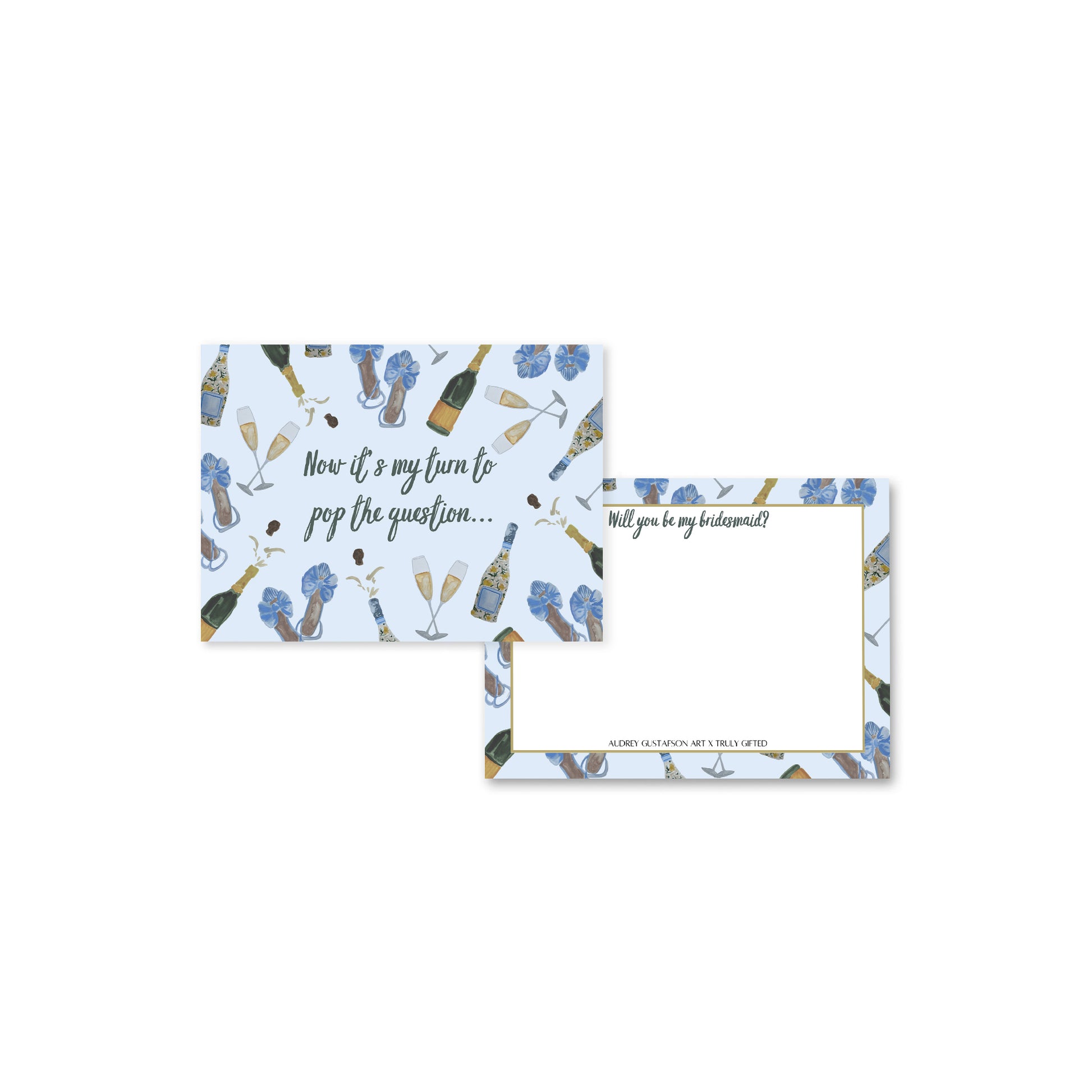 Blue illustrated pop the question bridesmaid proposal card, front and back