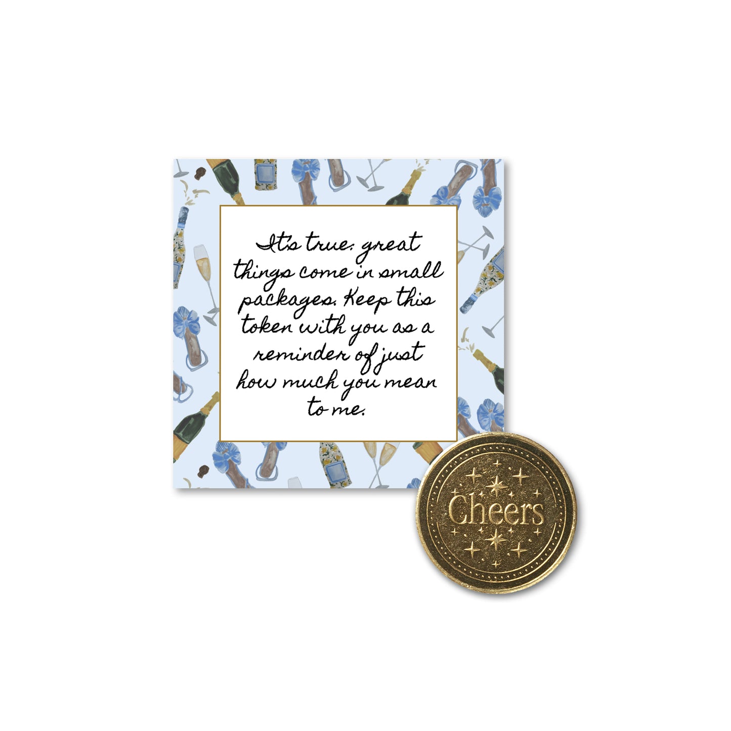 Blue illustrated pop the question bridesmaid proposal card with cheers token