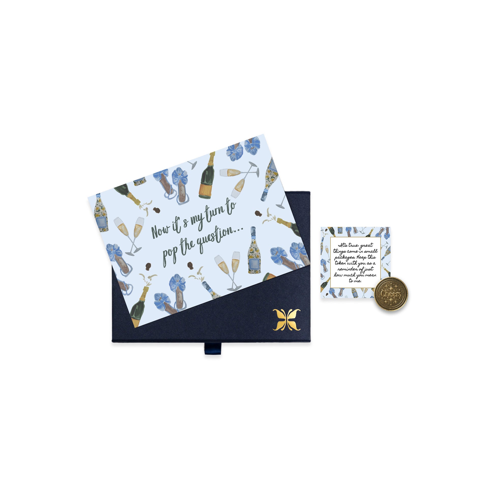 Blue illustrated pop the question bridesmaid proposal card gift set