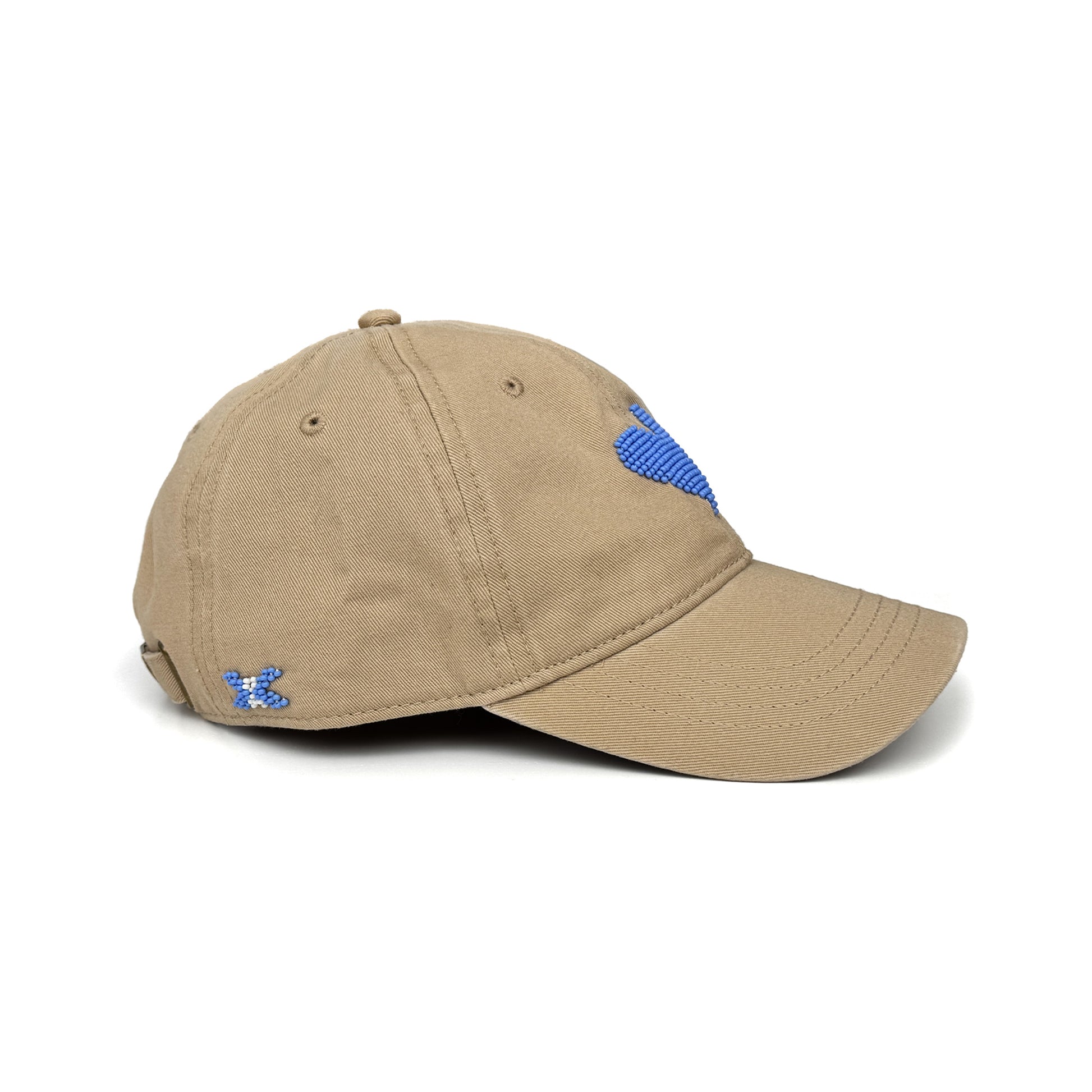 Khaki baseball cap with cornflower blue beaded heart and small beaded Truly Gifted butterfly icon on side