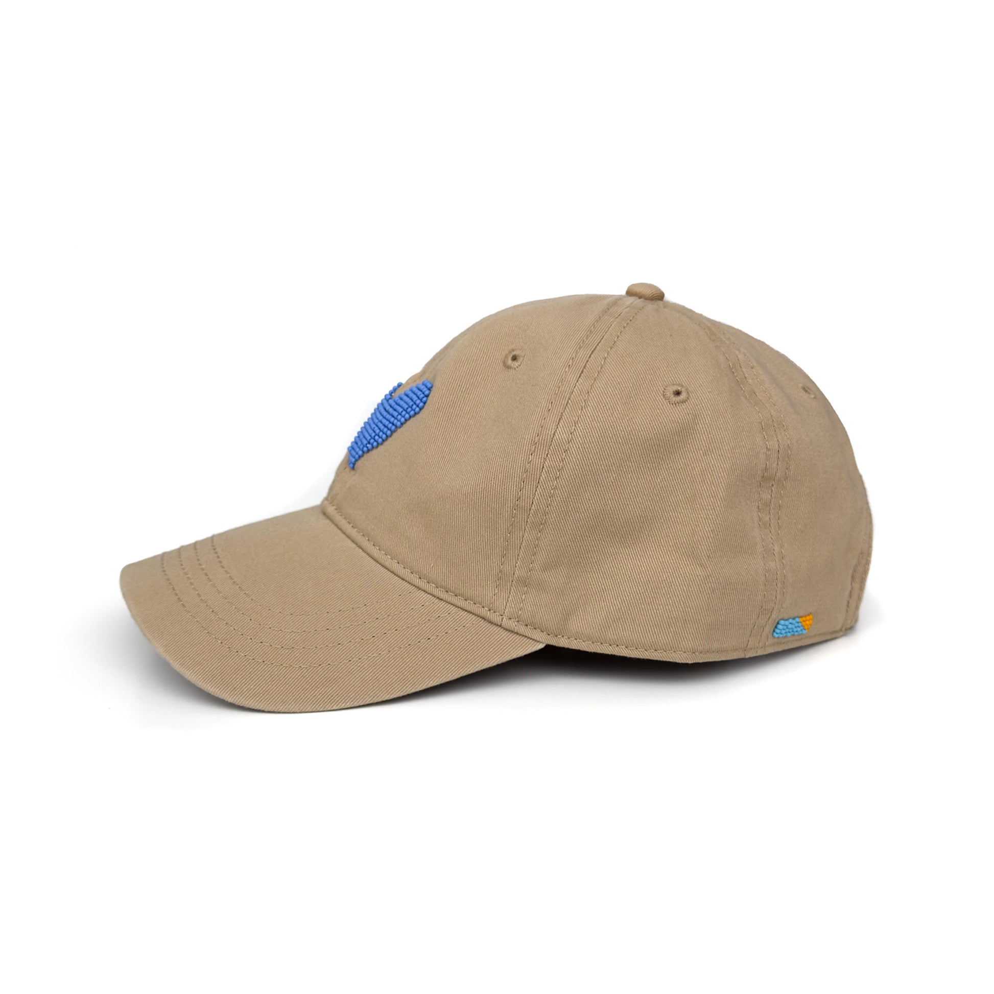 Khaki baseball cap with cornflower blue beaded heart and small beaded Ubuntu Life flag on side