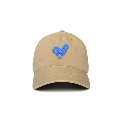 Khaki baseball cap with cornflower blue beaded heart