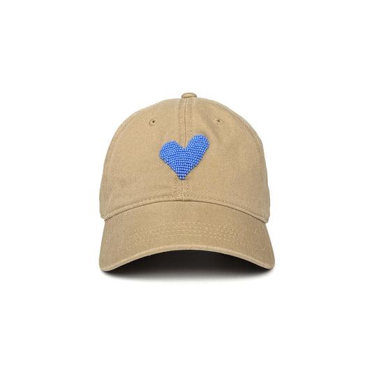 Khaki baseball cap with cornflower blue beaded heart