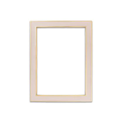 Pastel pink enamel 5x7" picture frame with gold trim.