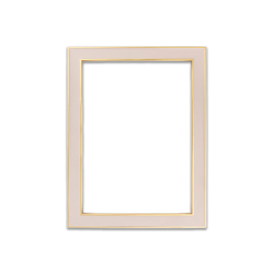 Pastel pink enamel 5x7" picture frame with gold trim.